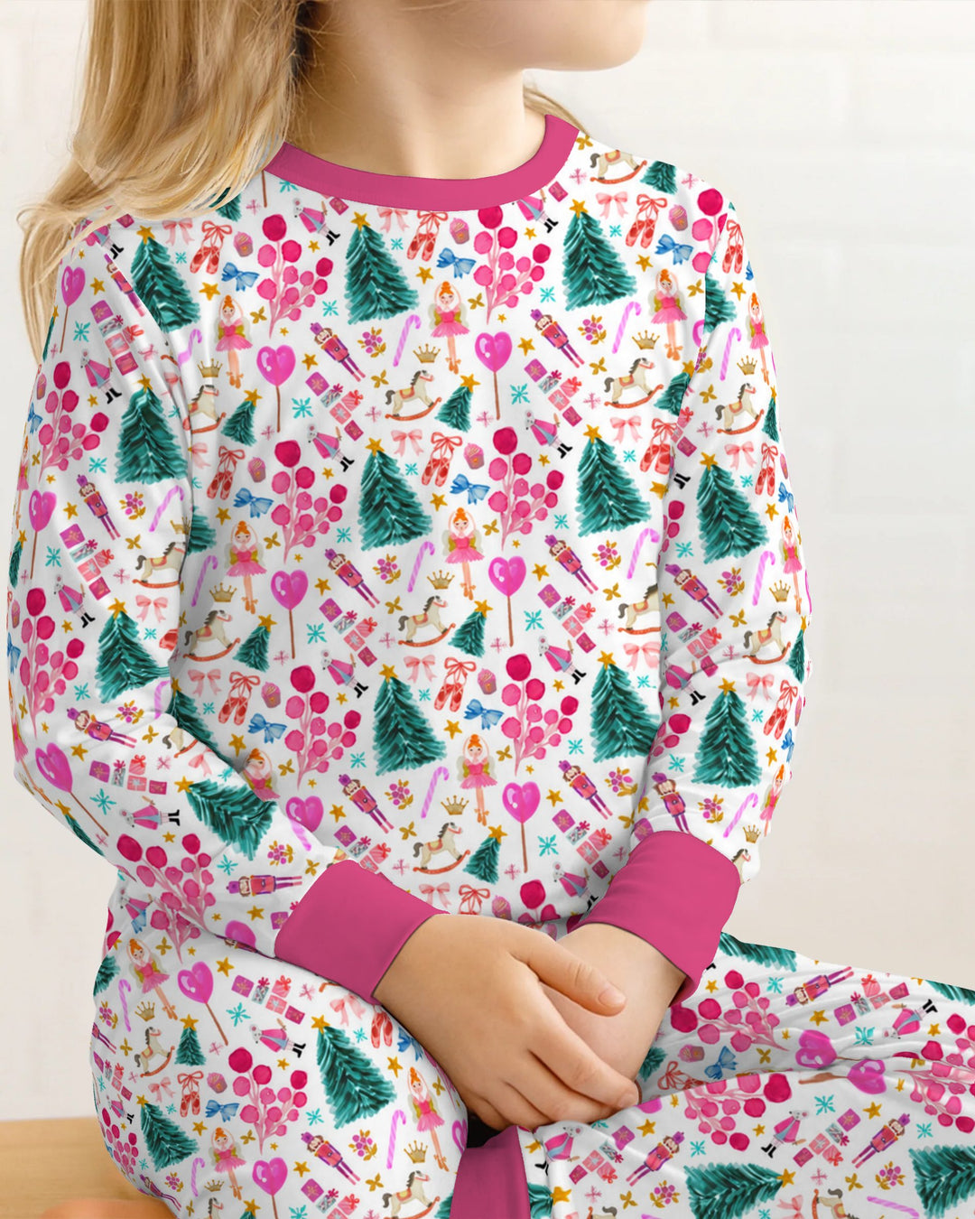 Whimsical Pink Nutcracker Christmas Doodle Seamless Pattern Bamboo Two Piece Long Sleeve Pajama Set