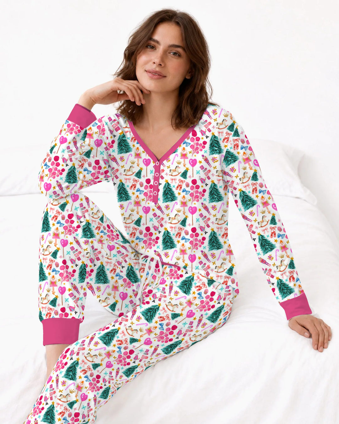 Whimsical Pink Nutcracker Christmas Doodle Seamless Pattern Bamboo Women Pajama Set