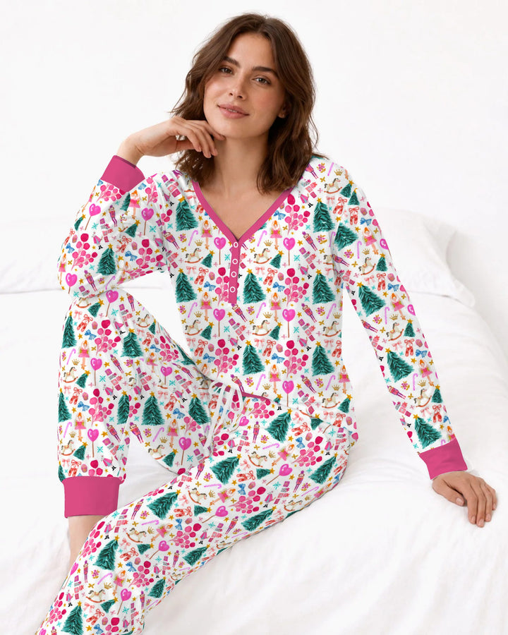 Whimsical Pink Nutcracker Christmas Doodle Seamless Pattern Bamboo Women Pajama Set