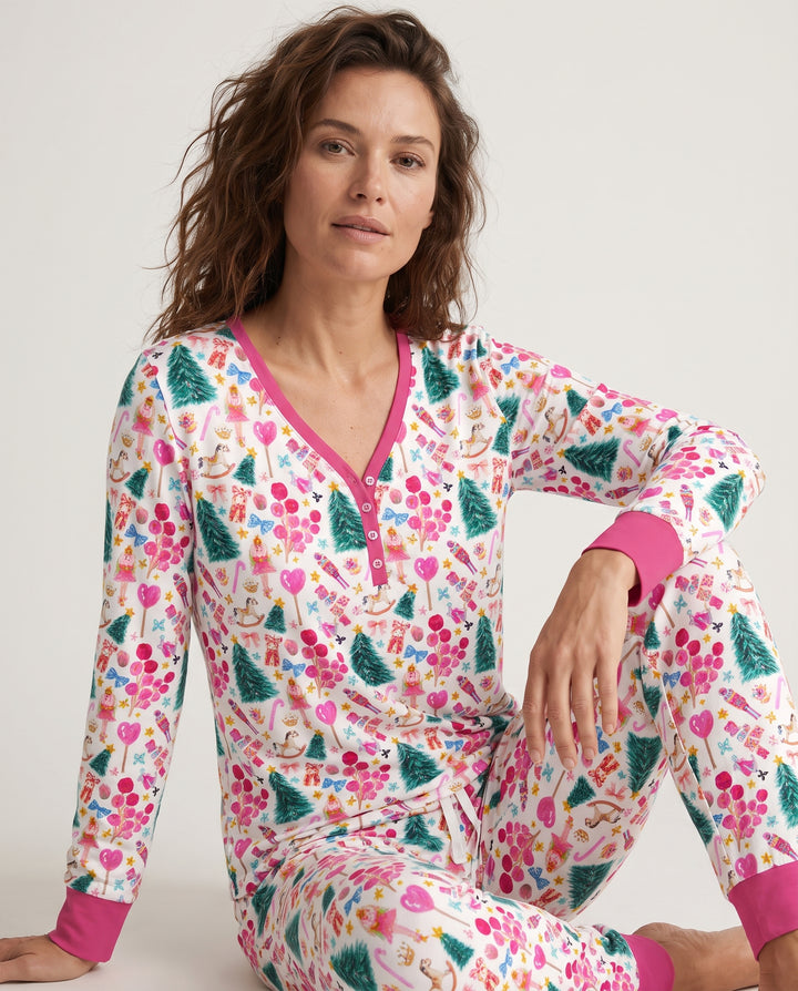 Whimsical Pink Nutcracker Christmas Doodle Seamless Pattern Bamboo Women Pajama Set