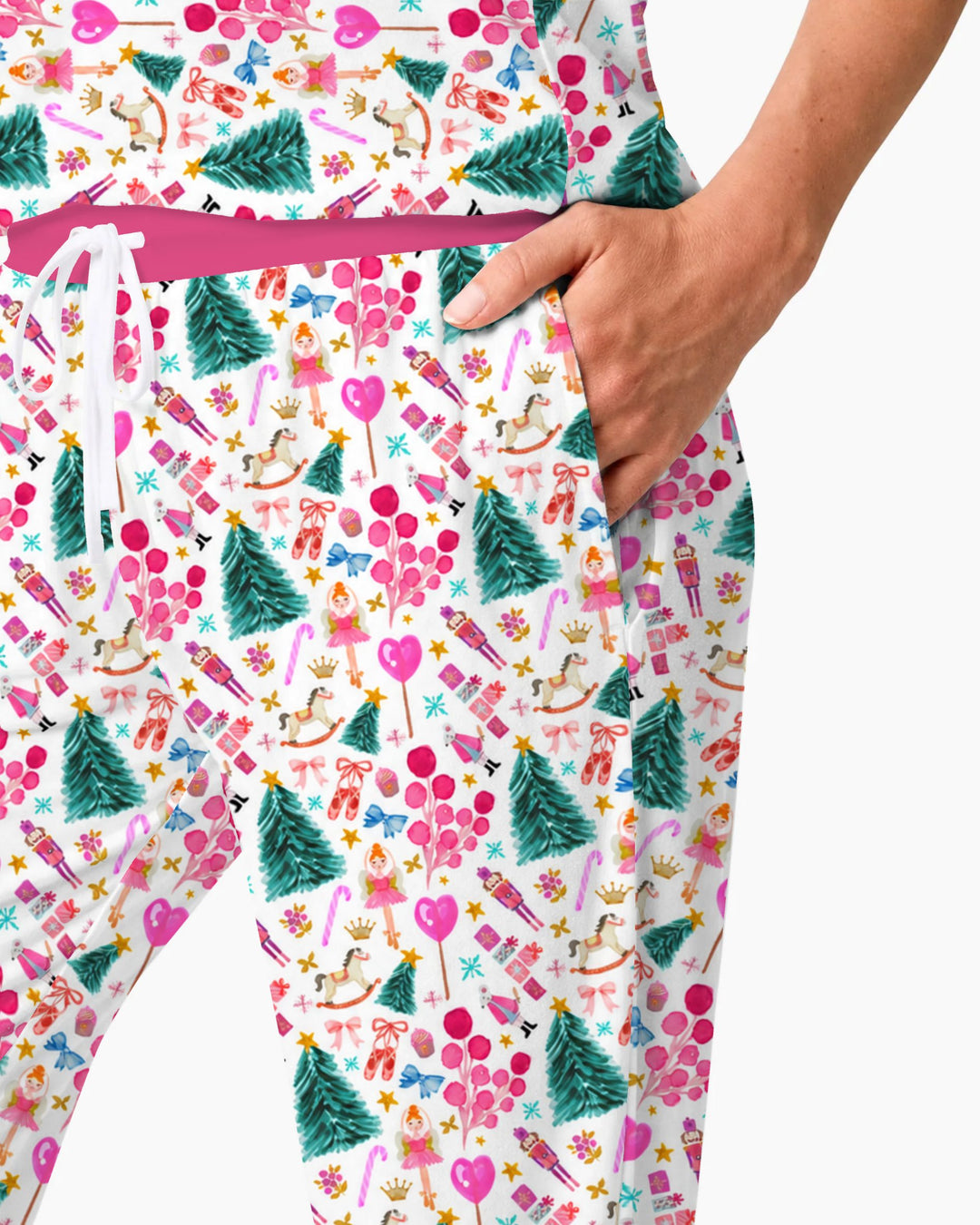 Whimsical Pink Nutcracker Christmas Doodle Seamless Pattern Bamboo Women Pajama Set