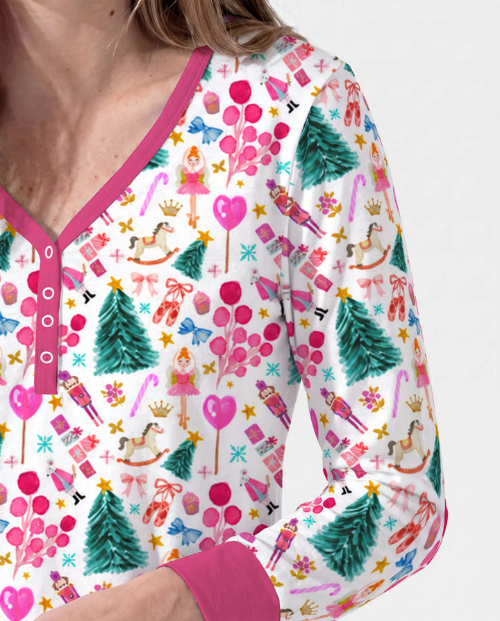 Whimsical Pink Nutcracker Christmas Doodle Seamless Pattern Bamboo Women Pajama Set