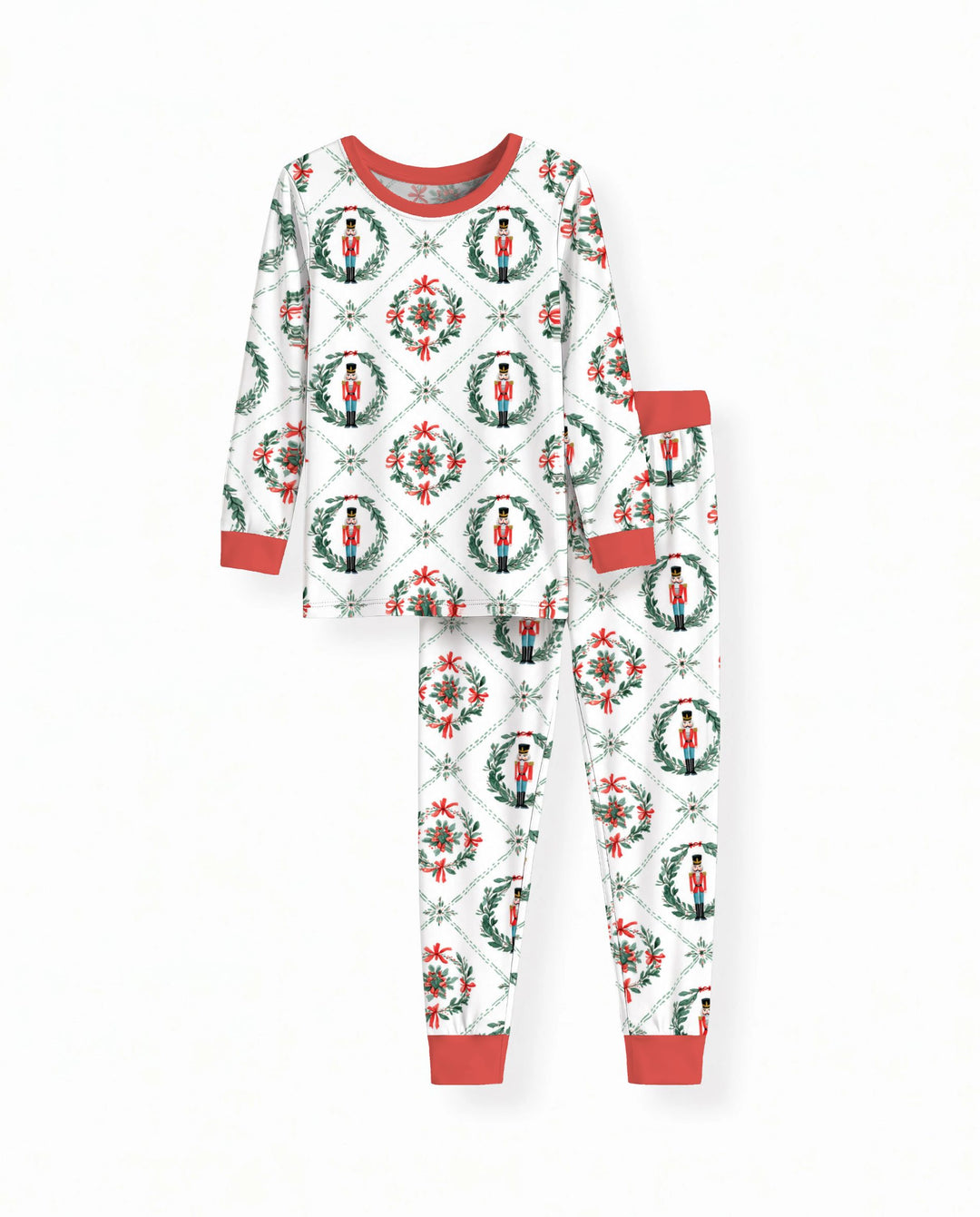Classic Nutcracker Christmas Wreath Seamless Pattern Bamboo Two Piece Long Sleeve Pajama Set