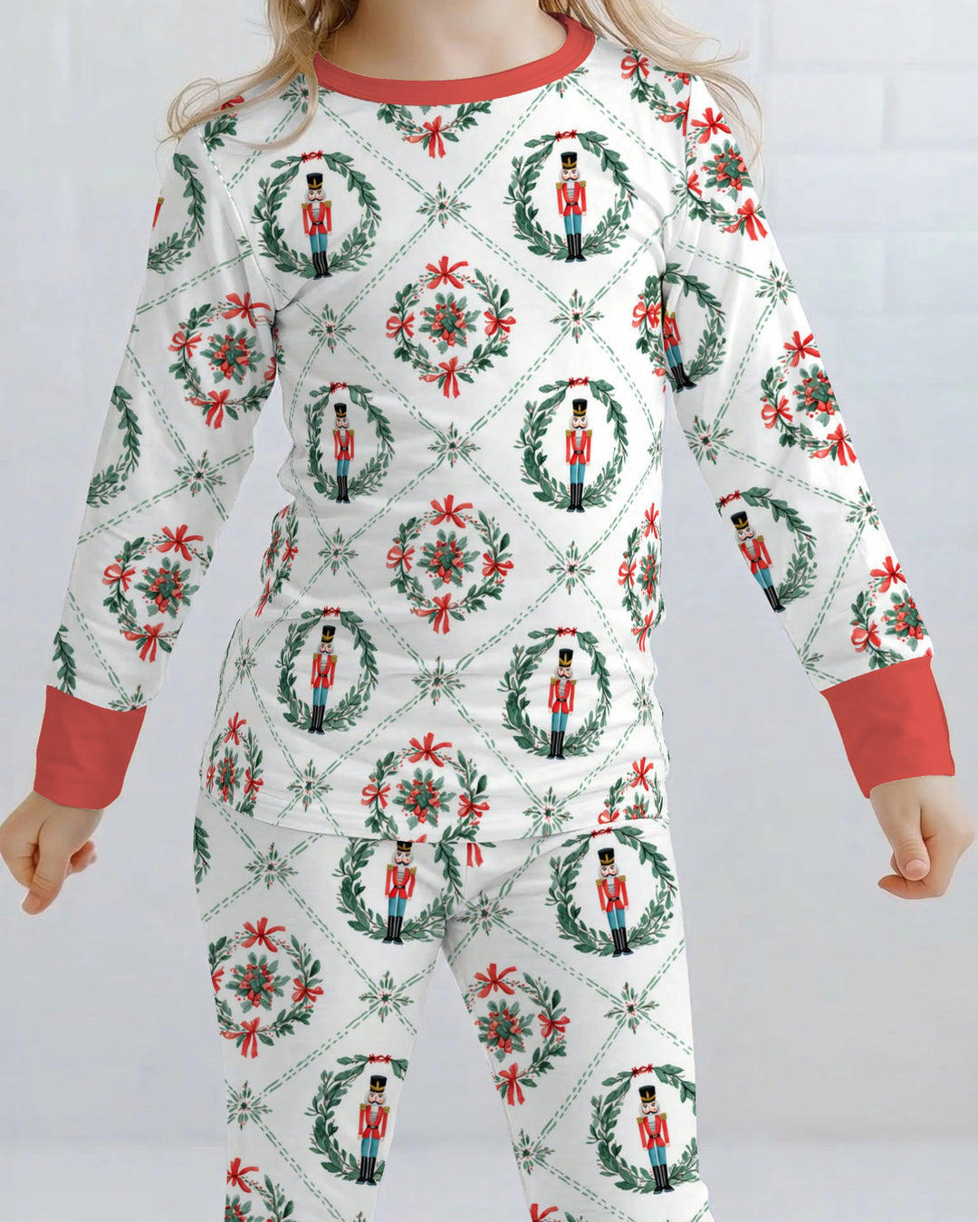 Classic Nutcracker Christmas Wreath Seamless Pattern Bamboo Two Piece Long Sleeve Pajama Set