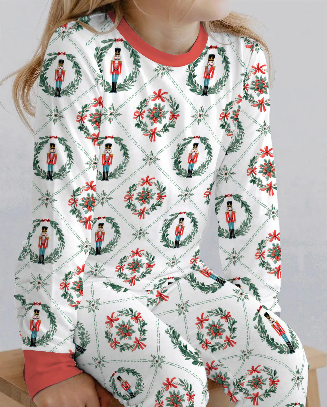 Classic Nutcracker Christmas Wreath Seamless Pattern Bamboo Two Piece Long Sleeve Pajama Set