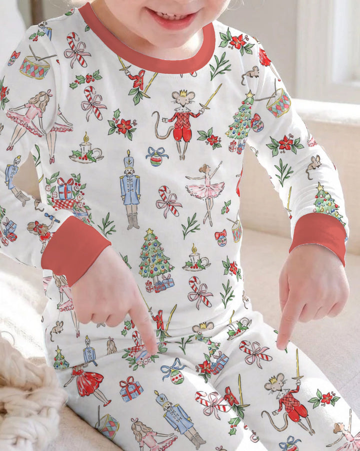 Nutcracker Ballet Christmas Storybook Seamless Pattern Bamboo Two Piece Long Sleeve Pajama Set
