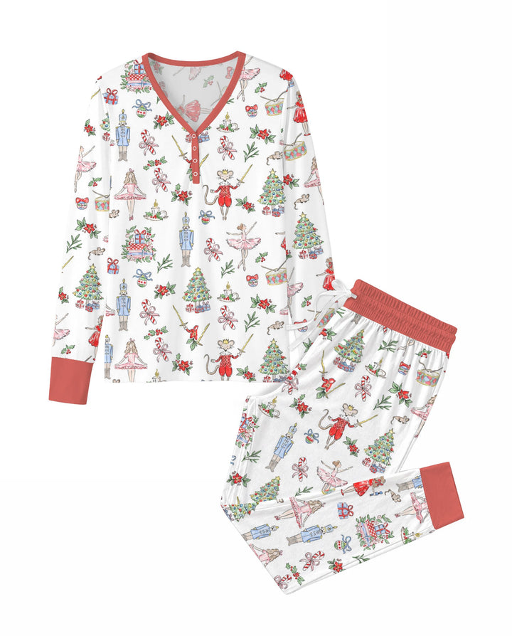 Nutcracker Ballet Christmas Storybook Seamless Pattern Bamboo Women Pajama Set