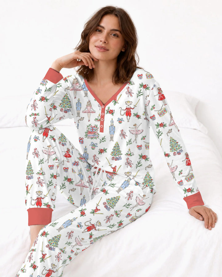 Nutcracker Ballet Christmas Storybook Seamless Pattern Bamboo Women Pajama Set