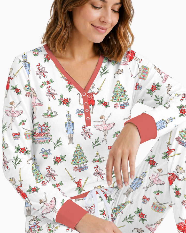 Nutcracker Ballet Christmas Storybook Seamless Pattern Bamboo Women Pajama Set