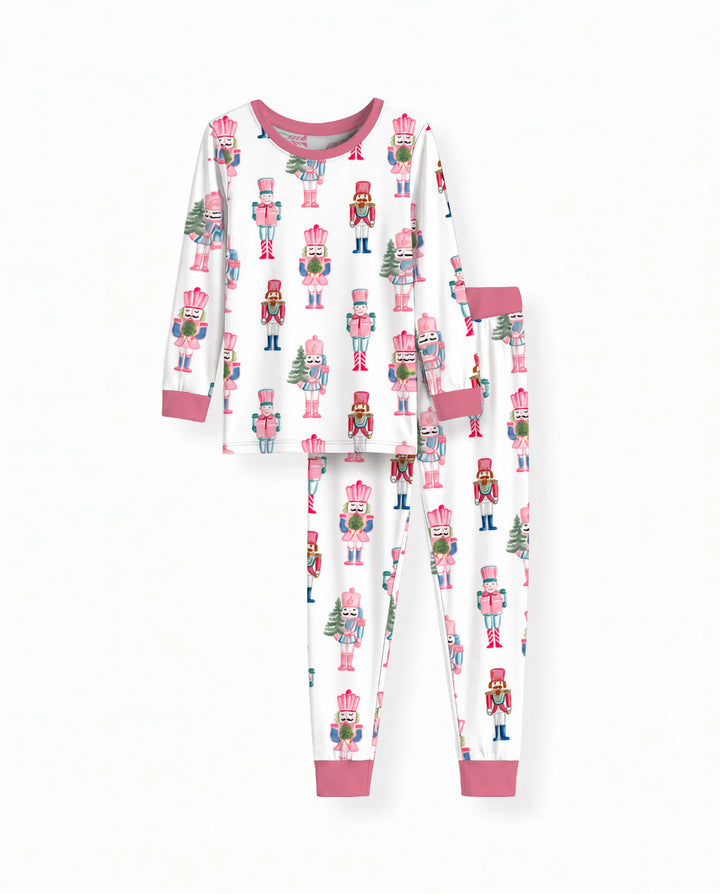 Pastel Pink Nutcracker Soldiers Seamless Pattern Bamboo Two Piece Long Sleeve Pajama Set