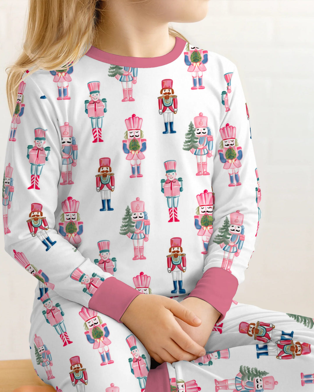 Pastel Pink Nutcracker Soldiers Seamless Pattern Bamboo Two Piece Long Sleeve Pajama Set