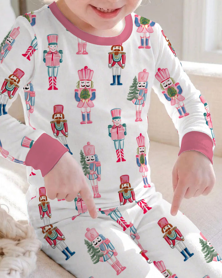 Pastel Pink Nutcracker Soldiers Seamless Pattern Bamboo Two Piece Long Sleeve Pajama Set