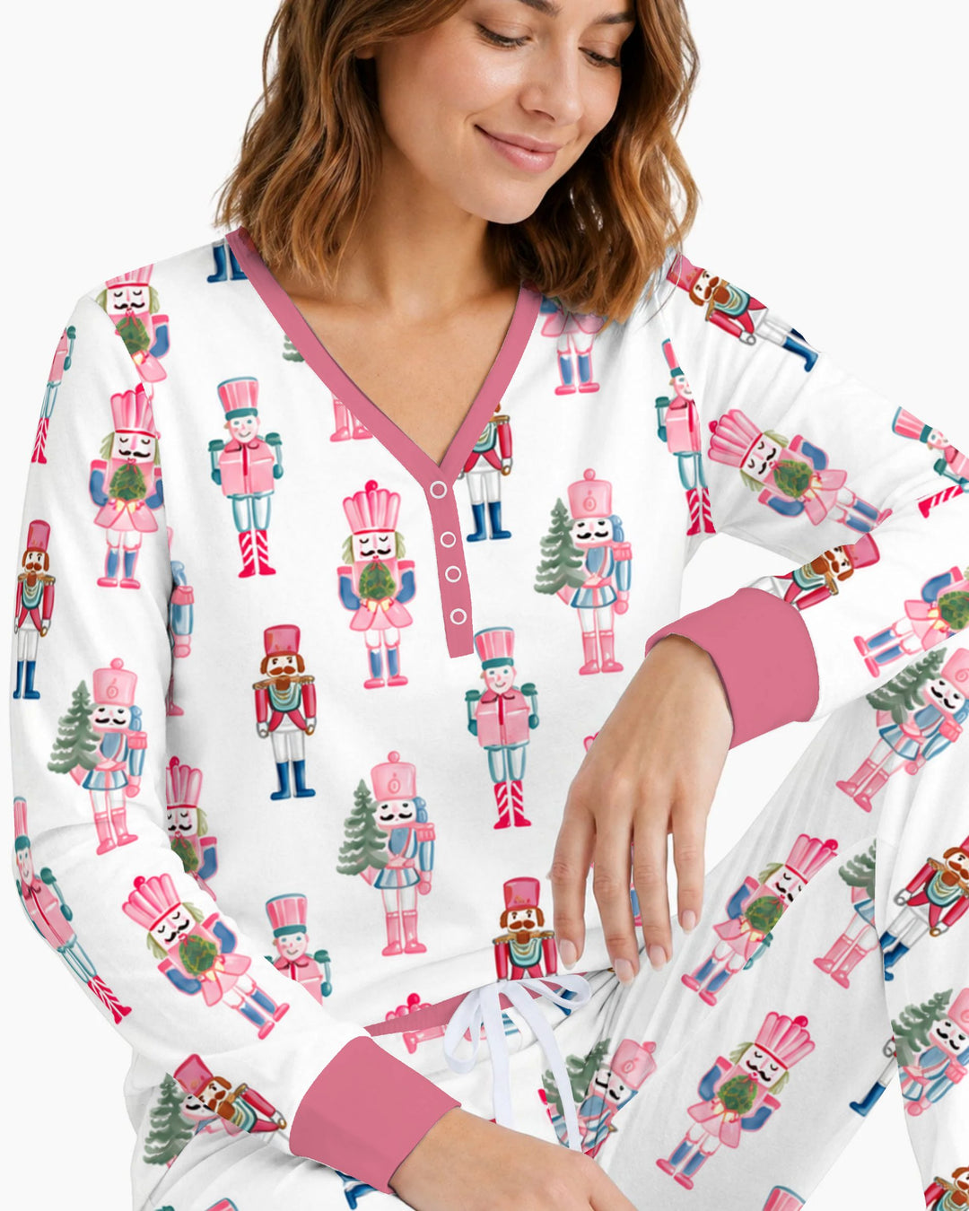 Pastel Pink Nutcracker Soldiers Seamless Pattern Bamboo Women Pajama Set