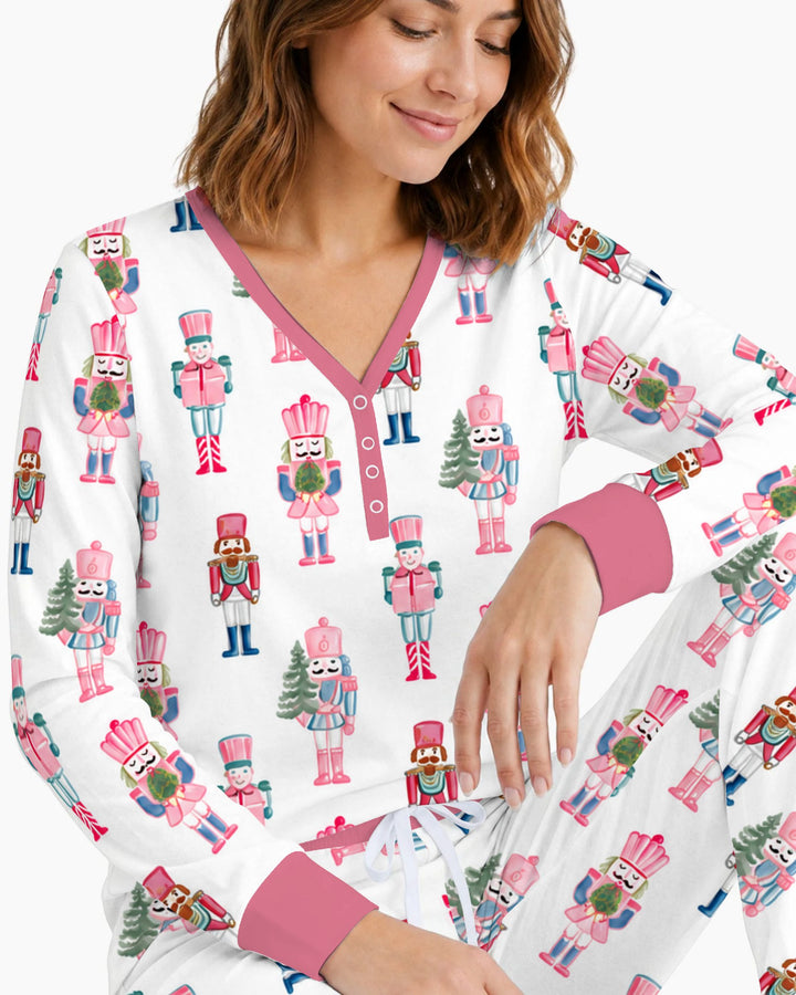 Pastel Pink Nutcracker Soldiers Seamless Pattern Bamboo Women Pajama Set