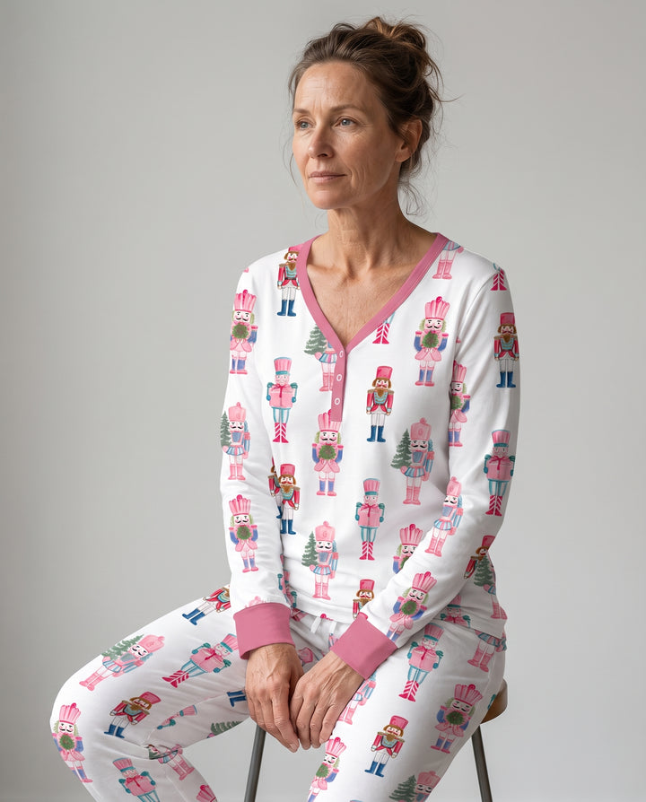Pastel Pink Nutcracker Soldiers Seamless Pattern Bamboo Women Pajama Set
