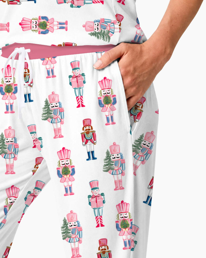 Pastel Pink Nutcracker Soldiers Seamless Pattern Bamboo Women Pajama Set