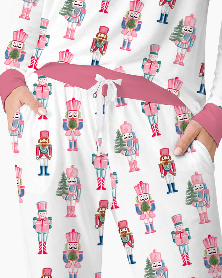 Pastel Pink Nutcracker Soldiers Seamless Pattern Bamboo Women Pajama Set