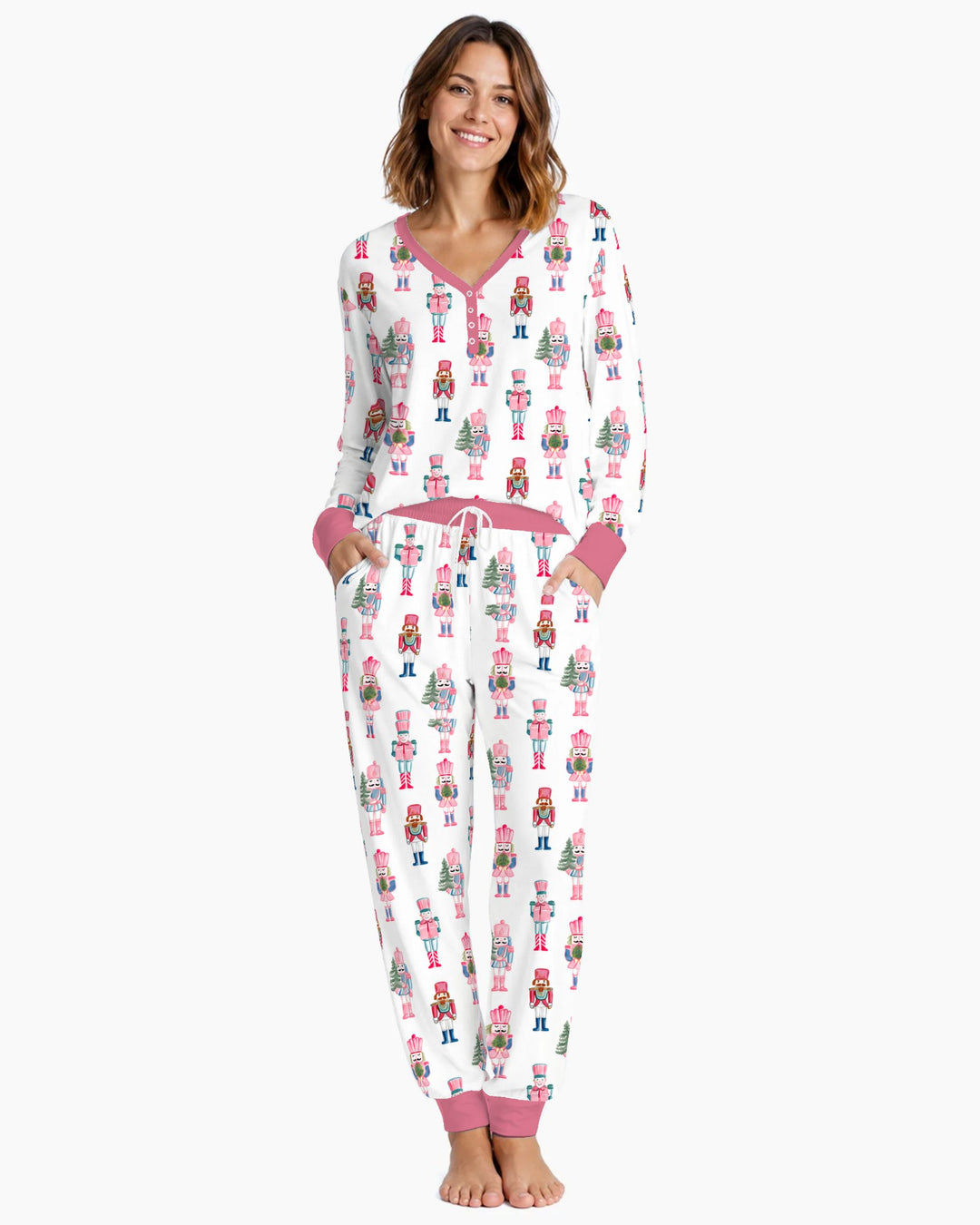 Pastel Pink Nutcracker Soldiers Seamless Pattern Bamboo Women Pajama Set
