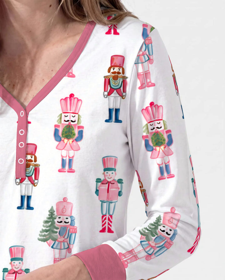 Pastel Pink Nutcracker Soldiers Seamless Pattern Bamboo Women Pajama Set