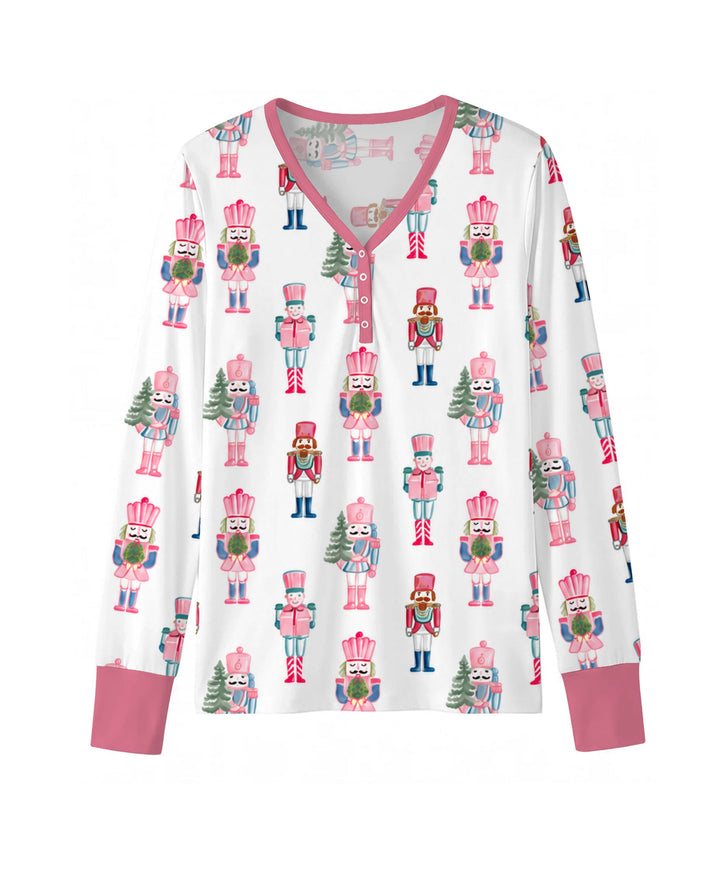 Pastel Pink Nutcracker Soldiers Seamless Pattern Bamboo Women Pajama Set