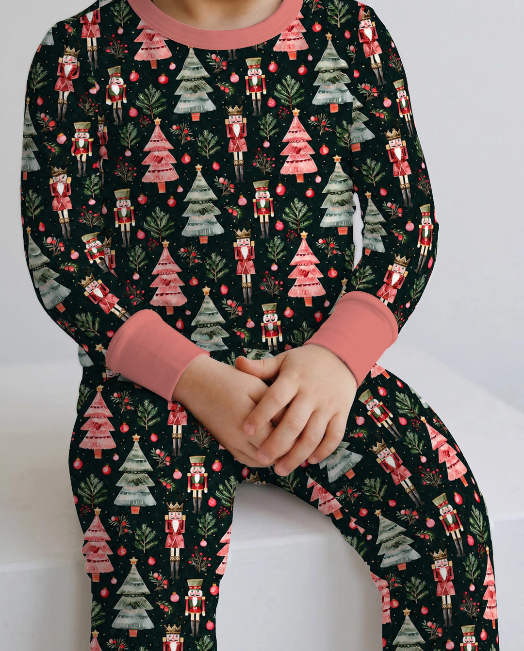 Dark Moody Nutcracker Christmas Trees Seamless Pattern Bamboo Two Piece Long Sleeve Pajama Set