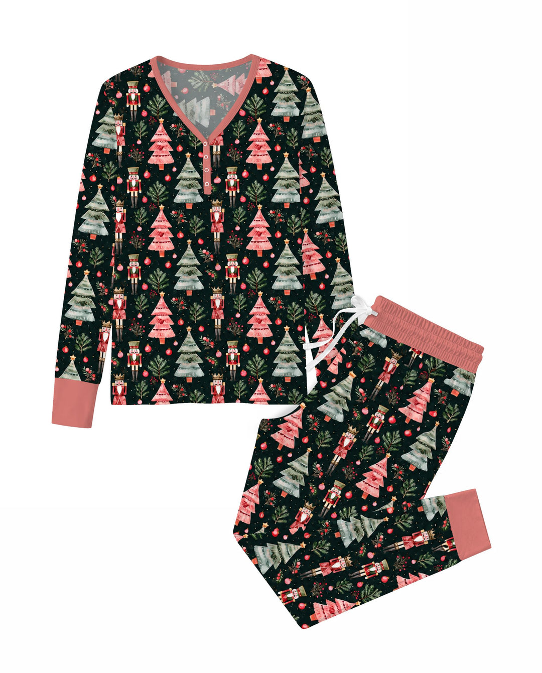 Dark Moody Nutcracker Christmas Trees Seamless Pattern Bamboo Women Pajama Set
