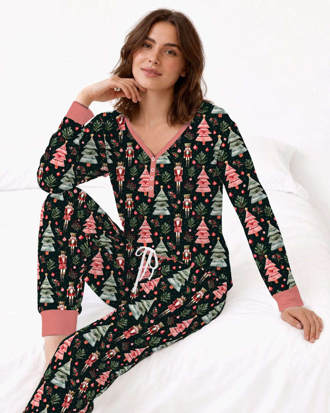Dark Moody Nutcracker Christmas Trees Seamless Pattern Bamboo Women Pajama Set