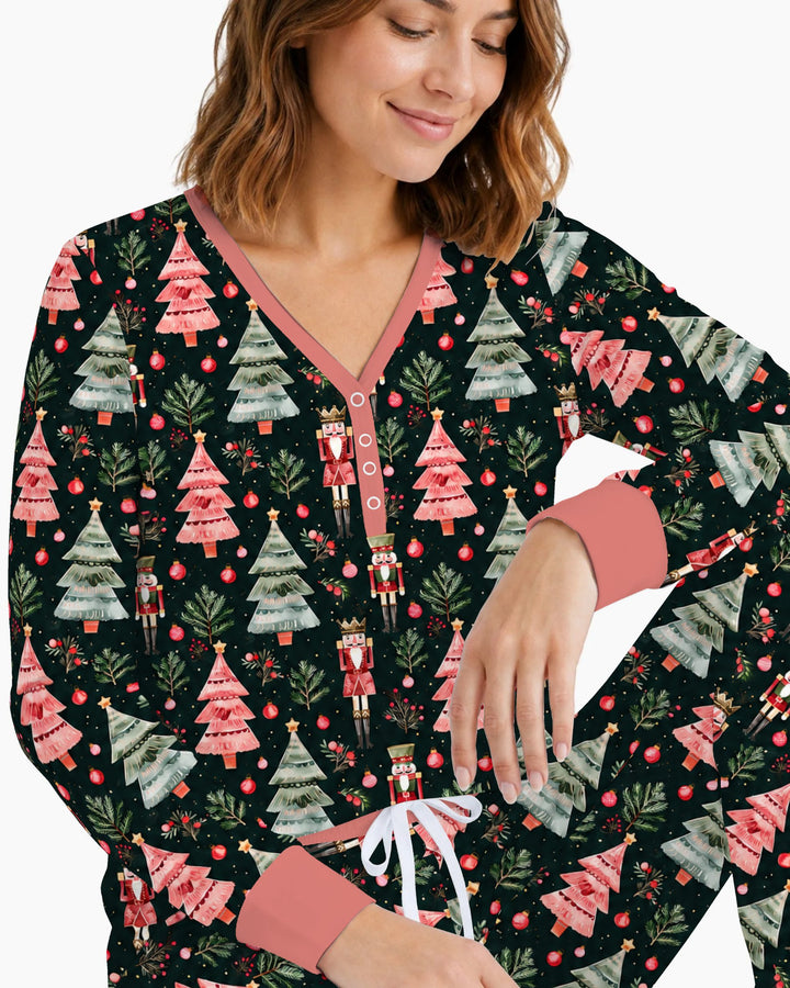 Dark Moody Nutcracker Christmas Trees Seamless Pattern Bamboo Women Pajama Set
