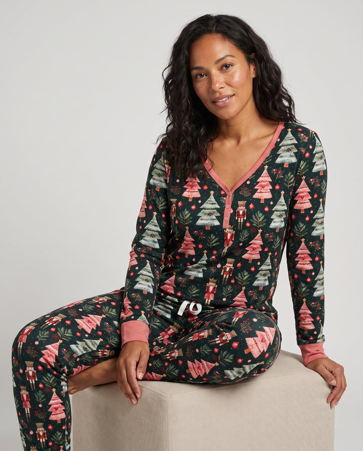 Dark Moody Nutcracker Christmas Trees Seamless Pattern Bamboo Women Pajama Set