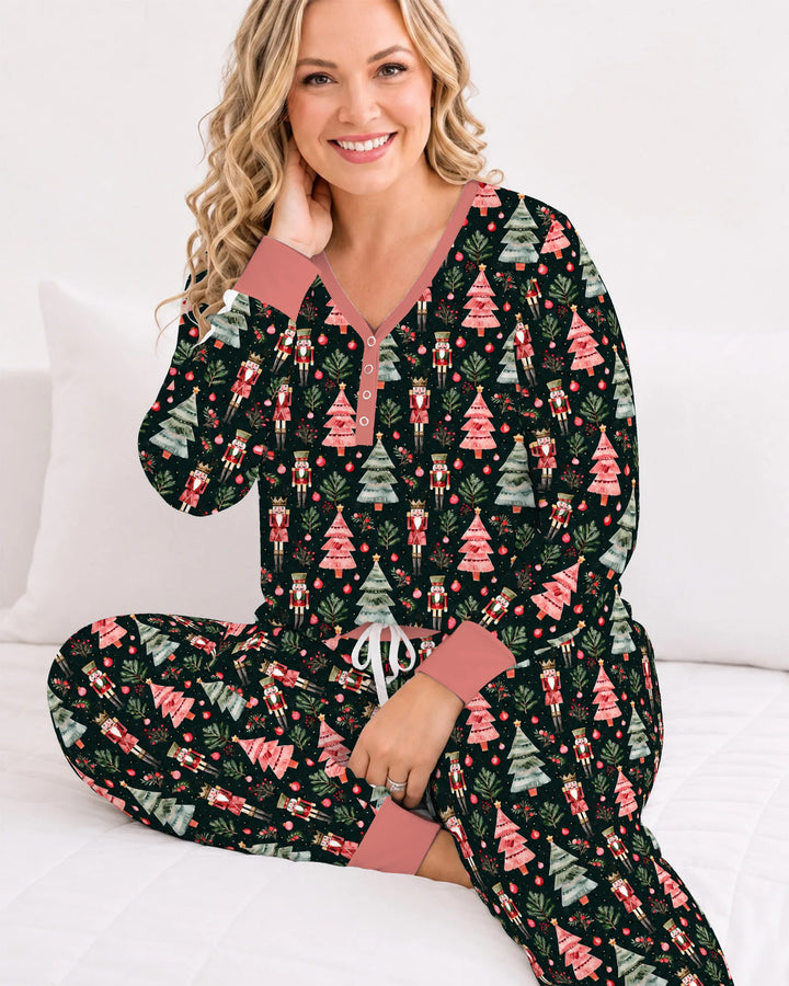 Dark Moody Nutcracker Christmas Trees Seamless Pattern Bamboo Women Pajama Set