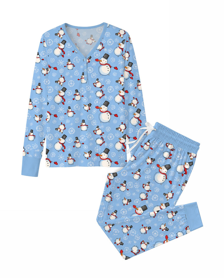Cute Snowman Winter Snowflakes Seamless Pattern Bamboo Women Pajama Set