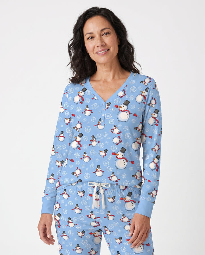 Cute Snowman Winter Snowflakes Seamless Pattern Bamboo Women Pajama Set