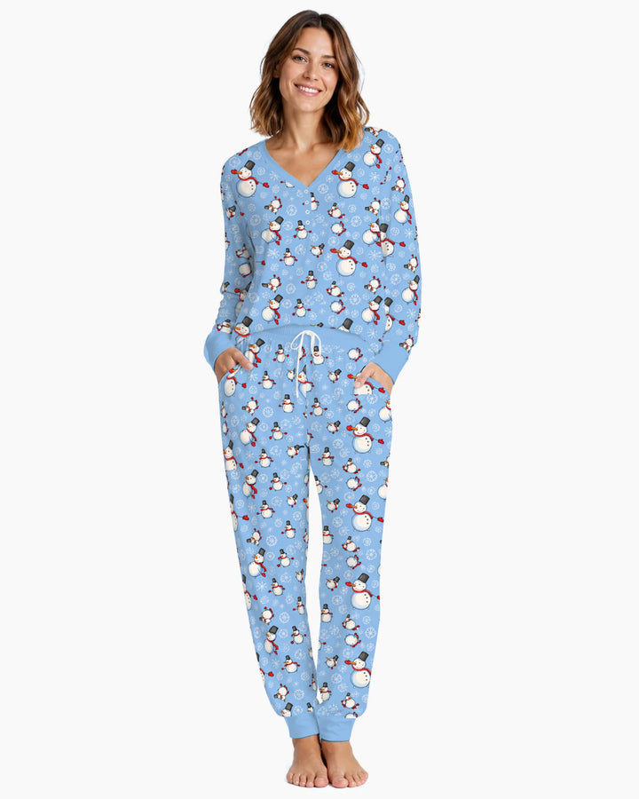 Cute Snowman Winter Snowflakes Seamless Pattern Bamboo Women Pajama Set