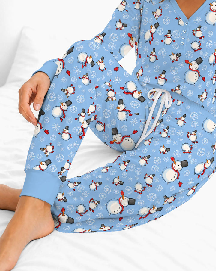 Cute Snowman Winter Snowflakes Seamless Pattern Bamboo Women Pajama Set