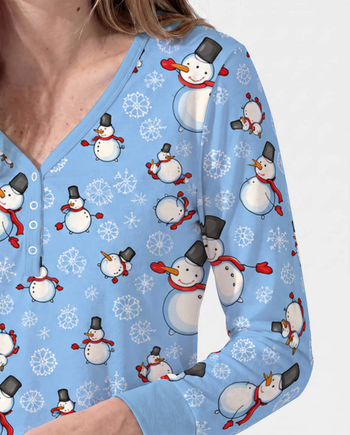 Cute Snowman Winter Snowflakes Seamless Pattern Bamboo Women Pajama Set