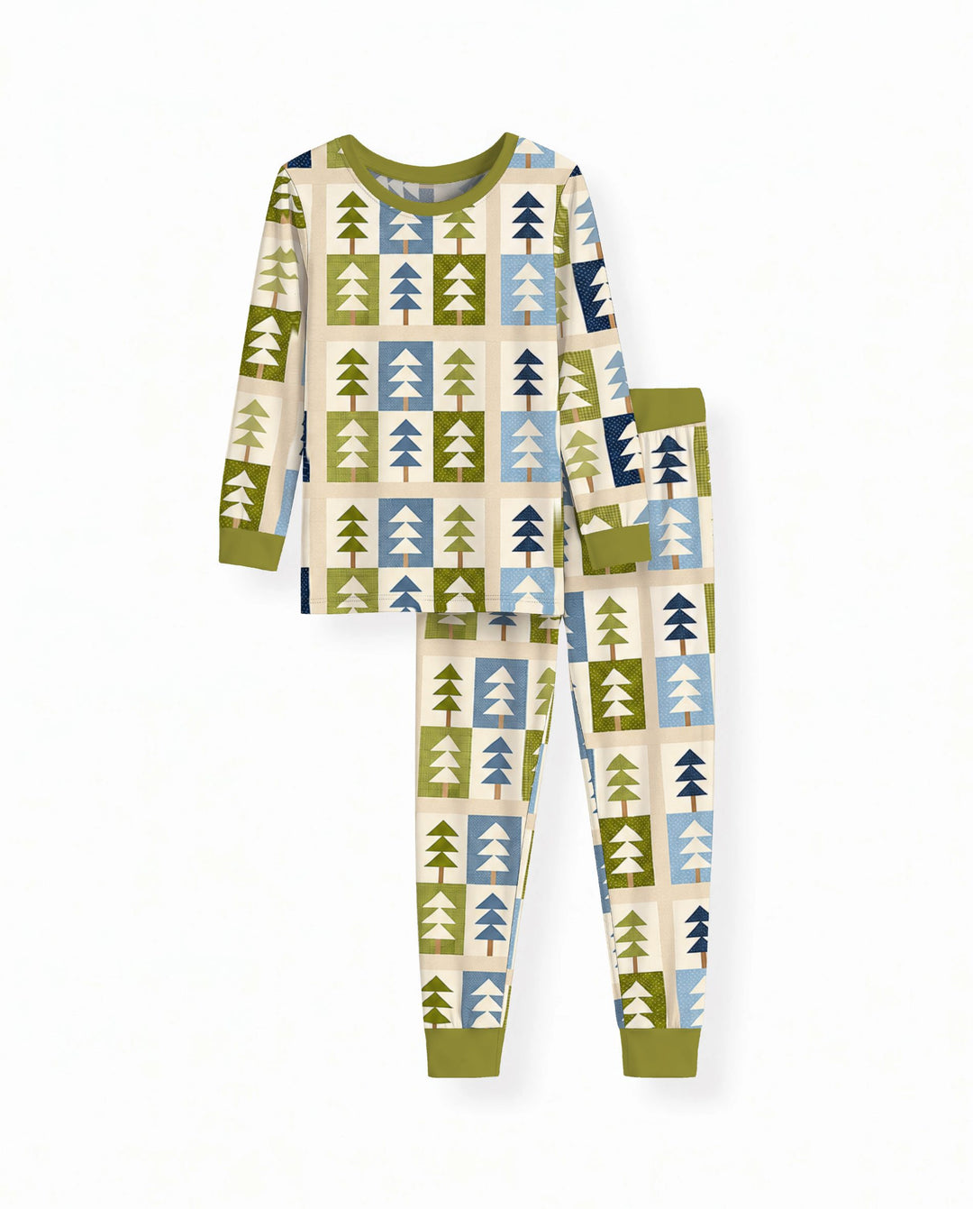 Retro Geometric Christmas Tree Patchwork Seamless Pattern Bamboo Two Piece Long Sleeve Pajama Set
