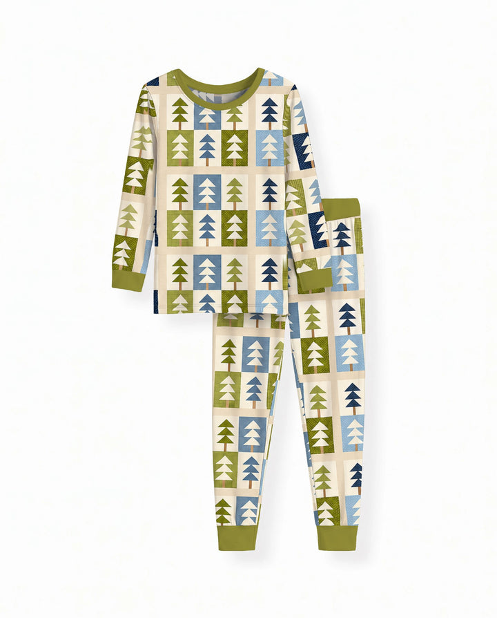 Retro Geometric Christmas Tree Patchwork Seamless Pattern Bamboo Two Piece Long Sleeve Pajama Set