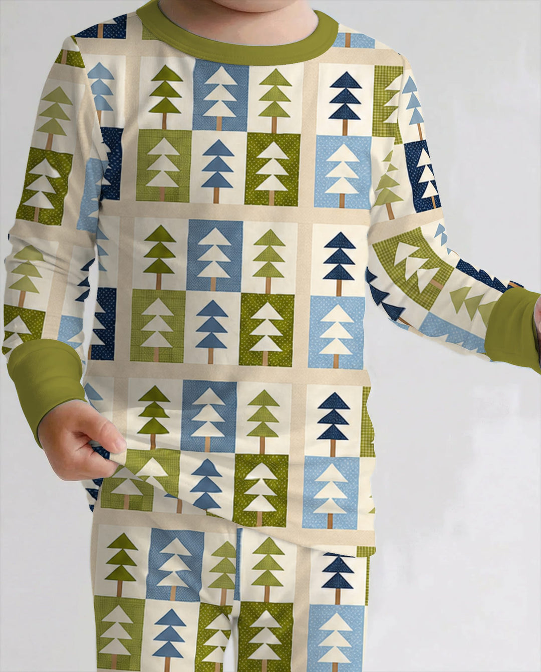 Retro Geometric Christmas Tree Patchwork Seamless Pattern Bamboo Two Piece Long Sleeve Pajama Set