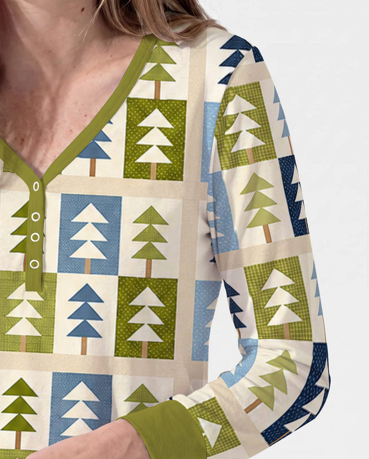 Retro Geometric Christmas Tree Patchwork Seamless Pattern Bamboo Women Pajama Set