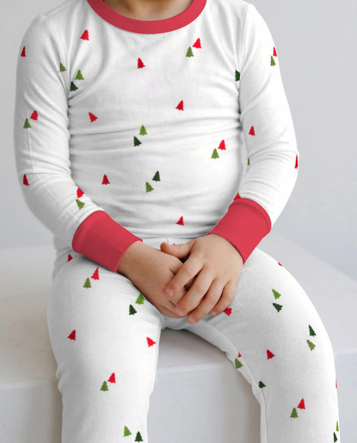 Minimalist Tiny Christmas Trees Seamless Pattern Bamboo Two Piece Long Sleeve Pajama Set