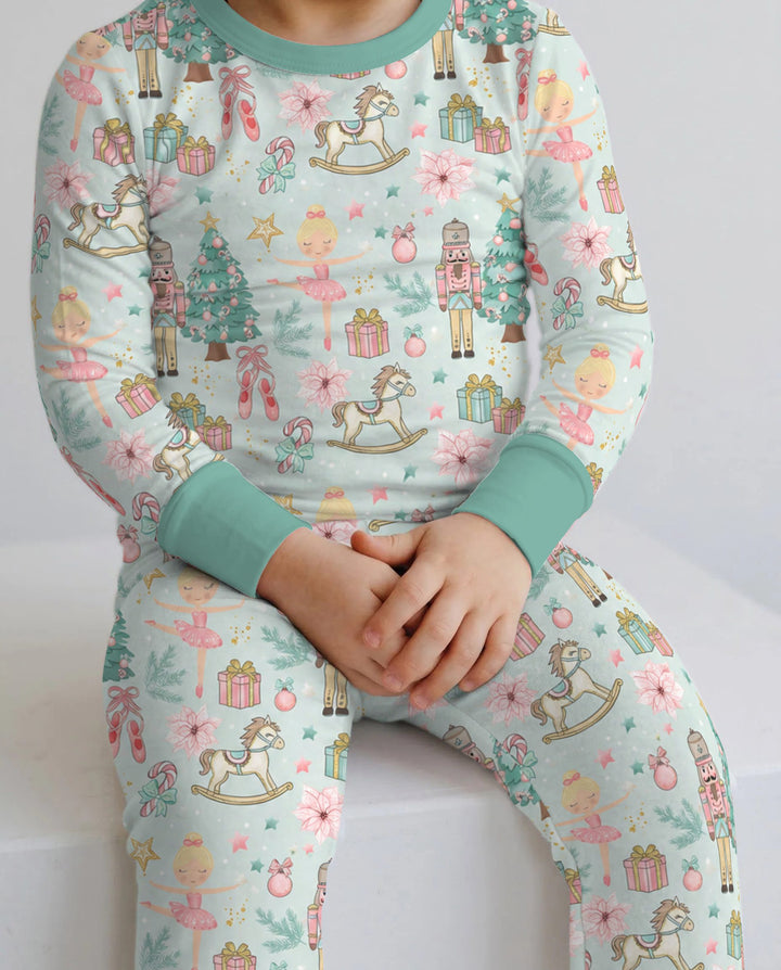 Pastel Nutcracker Ballerina Christmas Seamless Pattern Bamboo Two Piece Long Sleeve Pajama Set