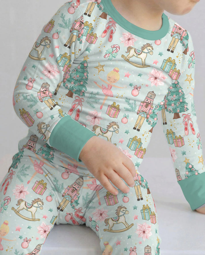Pastel Nutcracker Ballerina Christmas Seamless Pattern Bamboo Two Piece Long Sleeve Pajama Set