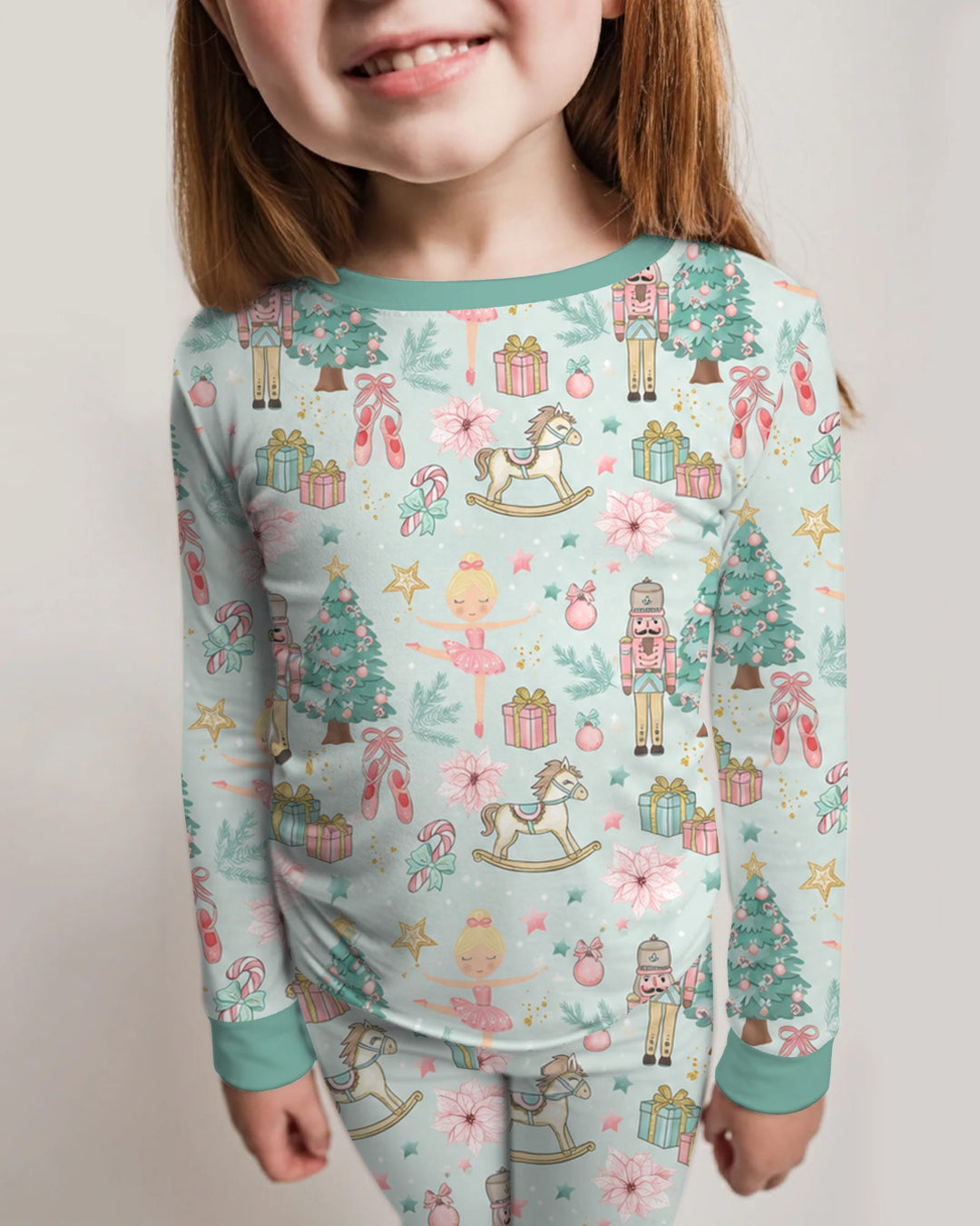 Pastel Nutcracker Ballerina Christmas Seamless Pattern Bamboo Two Piece Long Sleeve Pajama Set