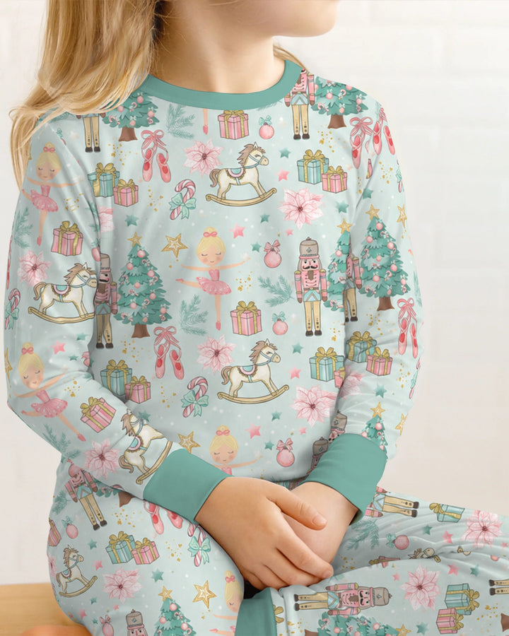Pastel Nutcracker Ballerina Christmas Seamless Pattern Bamboo Two Piece Long Sleeve Pajama Set