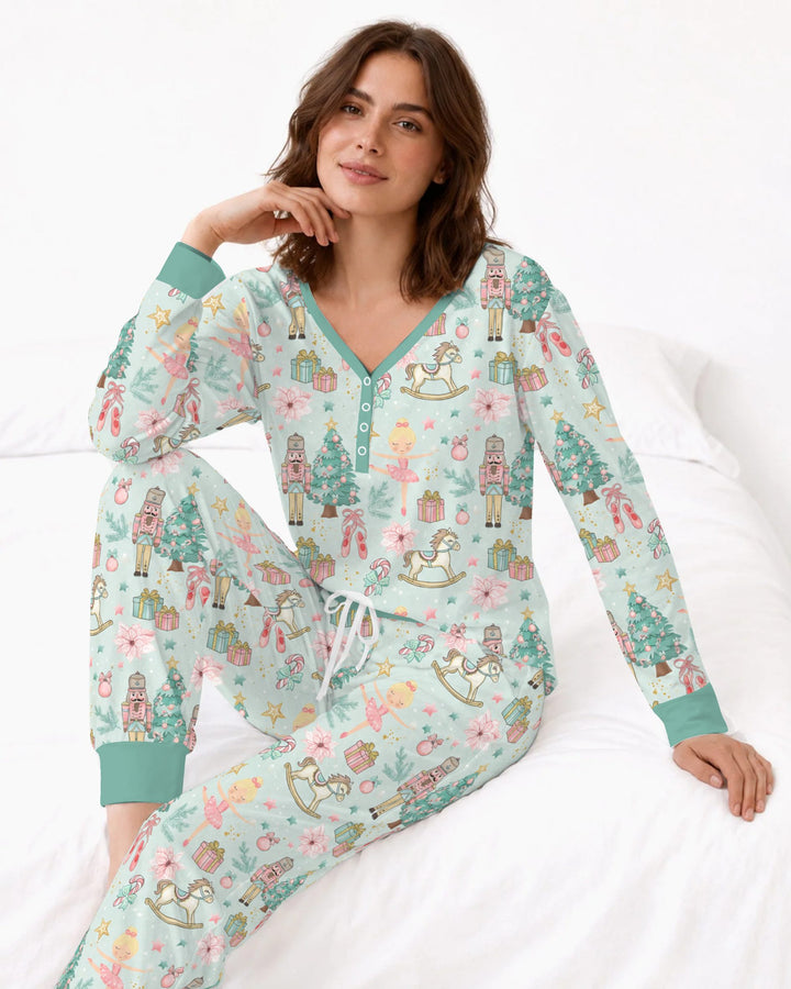 Pastel Nutcracker Ballerina Christmas Seamless Pattern Bamboo Women Pajama Set