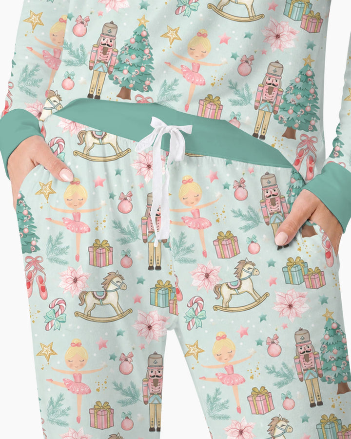 Pastel Nutcracker Ballerina Christmas Seamless Pattern Bamboo Women Pajama Set