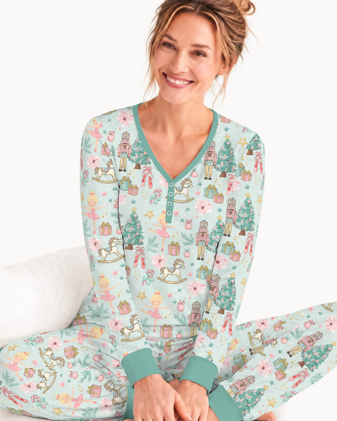 Pastel Nutcracker Ballerina Christmas Seamless Pattern Bamboo Women Pajama Set