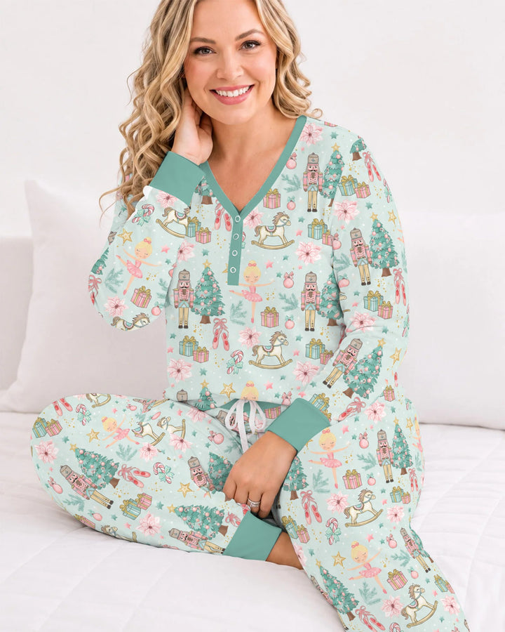 Pastel Nutcracker Ballerina Christmas Seamless Pattern Bamboo Women Pajama Set