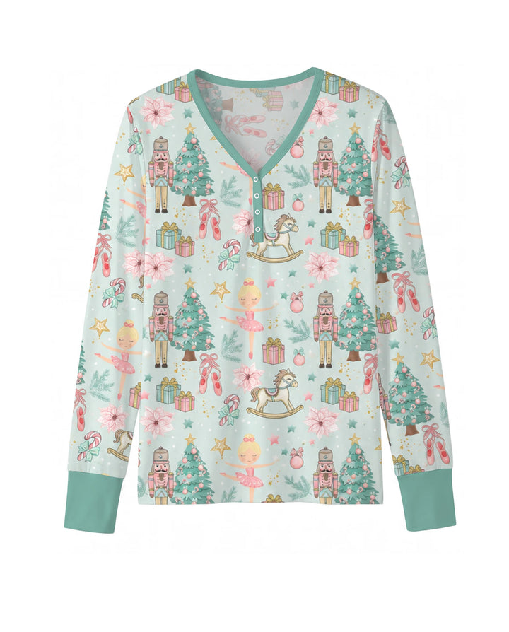 Pastel Nutcracker Ballerina Christmas Seamless Pattern Bamboo Women Pajama Set