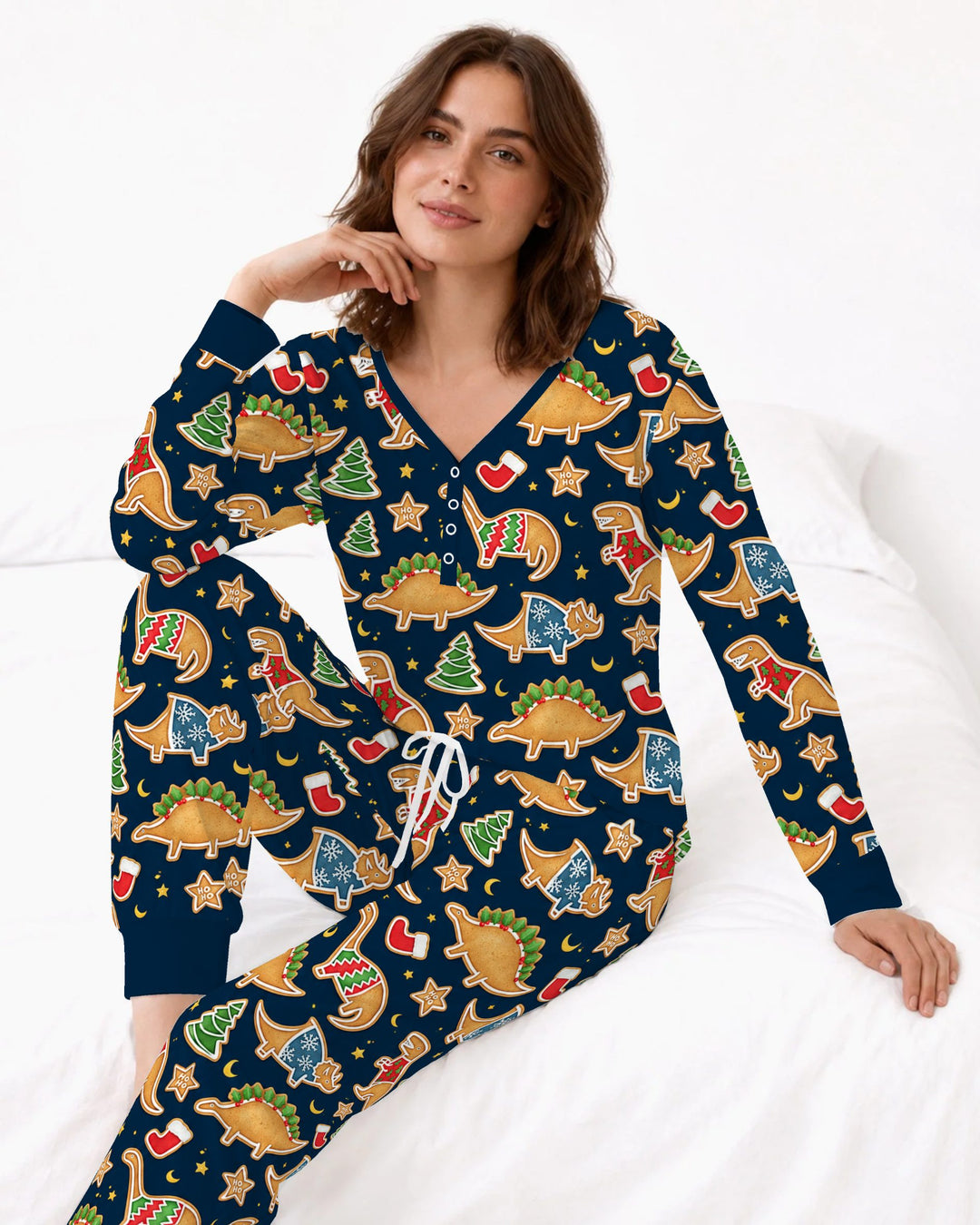 Christmas Dinosaur Gingerbread Cookies Bamboo Women Pajama Set